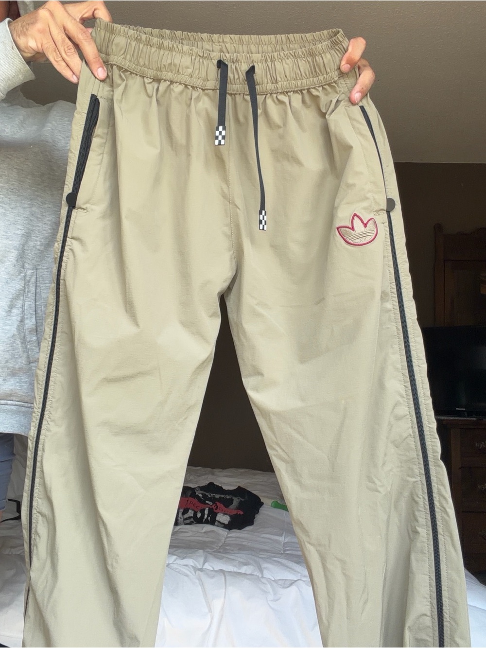 Adidas Khaki Track Pants with Black Trim & Red Logo